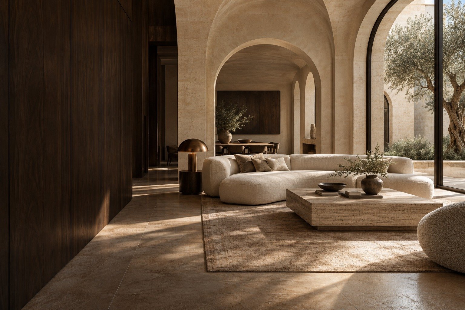 Illustrative villa interior with limestone, walnut and a courtyard